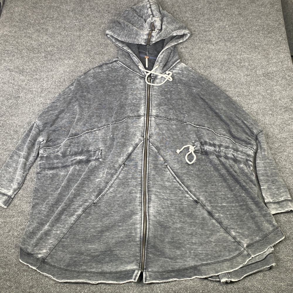 Free People Oversized Acid Wash Zip Up Hoodie Grey Poncho Sweatshirt Medium
